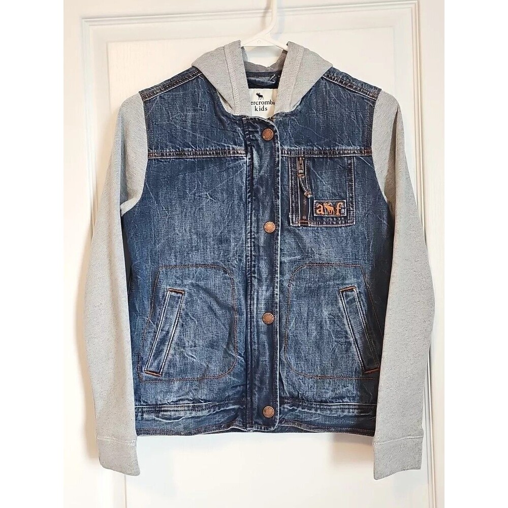 Abercrombie Kids Denim Hoodie Jacket Gray Blue AF Moose Logo Zippers Girls 13/14
